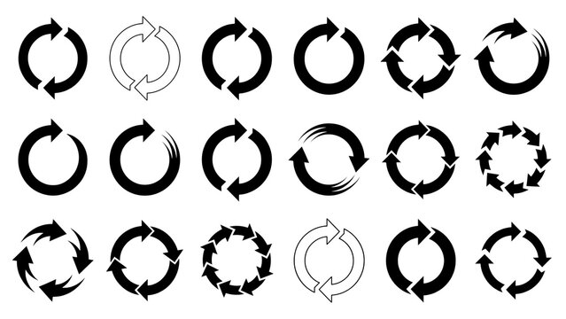 Collection of various black circular arrow icons for reload and refresh symbols with circular rotation direction business interface navigation repetition collection