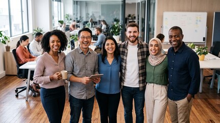 Fototapeta premium Diverse group of smiling professionals standing together in a modern office environment