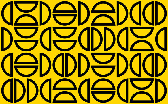 Bold black geometric pattern of circles, semicircles and divided round forms on a vivid yellow background, creating a modern retro abstract design.