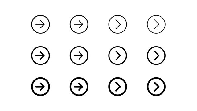 Various black circular arrow icons for application design with navigation interface direction collection pointing