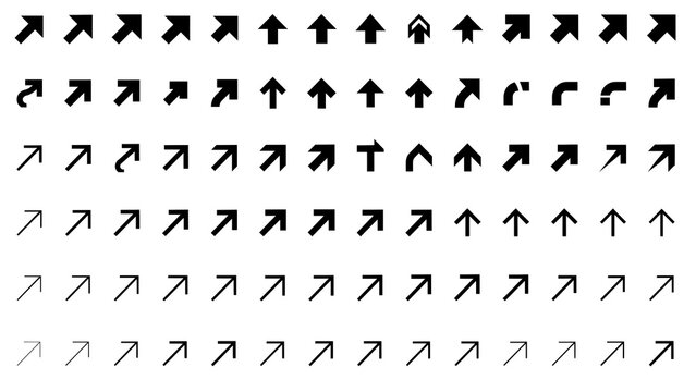Graphic set of diverse directional black arrow icons for digital interfaces with navigation direction collection pointing elements interface orientation movement