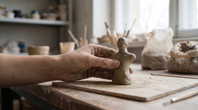 A hand shaping a small clay figure on a wooden table. The workspace is cluttered with pottery tools and materials, illuminated by natural light from a window.