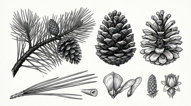 Detailed black and white botanical illustration of pine cone anatomy and pine needles