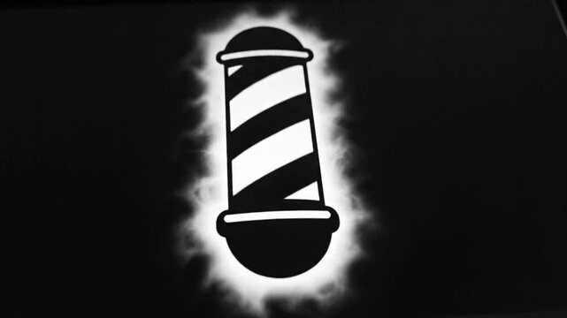 Black and white barber pole illustration with white glowing edges on a dark background showing traditional sign