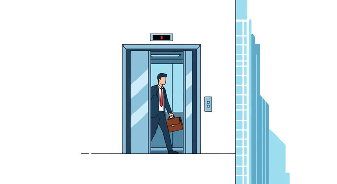 A professional businessman in a formal suit carrying a leather briefcase walks out of an open elevator door inside a tall corporate building to start his busy working day in the city center