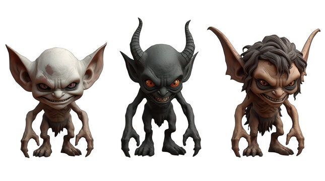 Three Different Fantasy Goblin Creatures with Mischievous Expressions