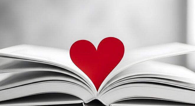 A vibrant red heart placed in the center of an open book with white pages, symbolizing a love for literature and reading.