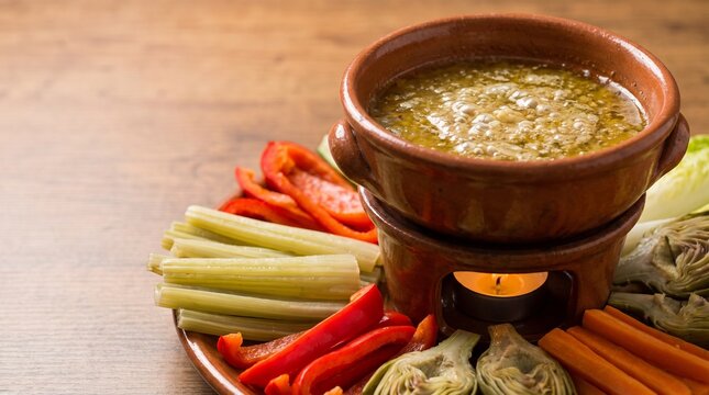 Savory Fondue Delight: A warm, bubbling fondue pot sits on a rustic wooden table, surrounded by a colorful array of fresh, raw vegetables and artichoke halves, ready for dipping.