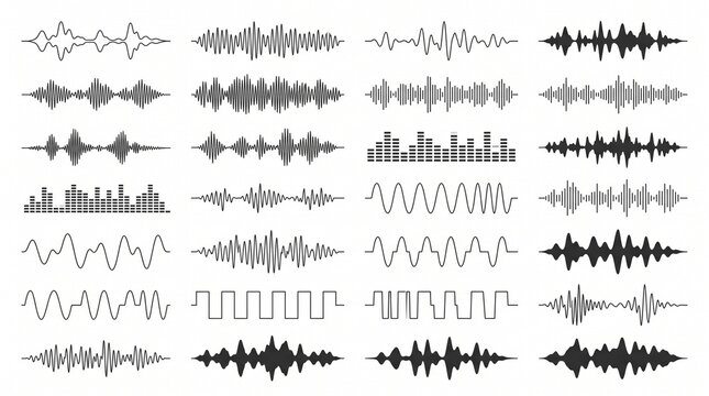 Create a premium collection of minimalist audio waveform vector elements arranged in a clean grid layout on a white background. The design should feature multiple unique sound wave patterns, including