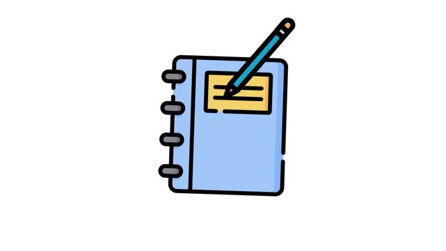 Animated notebook icon with pencil writing motion graphic loop for education and business presentation