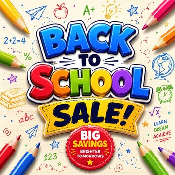 Colorful back to school sale banner with pencils and doodle drawings isolated on white background