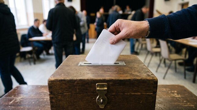 Voter casting ballot into wooden ballot box during election day voting process