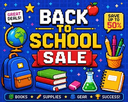 Back to school sale banner design with colorful pixel art icons isolated on white background