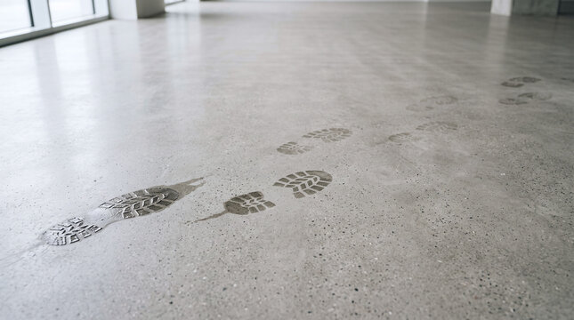 Wet Footprints Fading on a Polished Concrete Floor in a Modern Interior Space