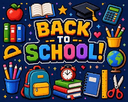 Back to school pixel art poster with colorful educational supplies isolated on white background