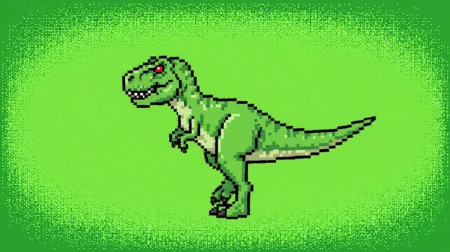 Pixel Art Green Tyrannosaurus Rex Standing. 4K Video