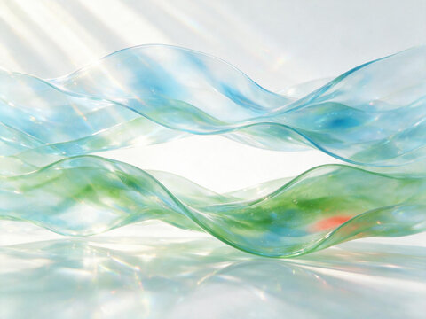 Abstract background of flowing translucent glass waves. Light blue and green liquid texture with sunbeams. Neo-Frutiger Aero modern design concept