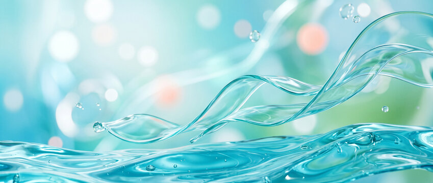 Flowing clear water waves and splashes on a bokeh background. Abstract Neo-Frutiger Aero liquid texture with suspended droplets. Wide panoramic banner for cosmetic hydration concepts
