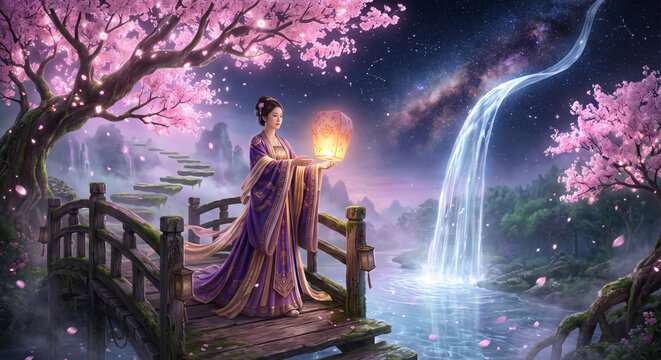 Surreal Levitating River and Glowing Sakura Traditional Hanfu