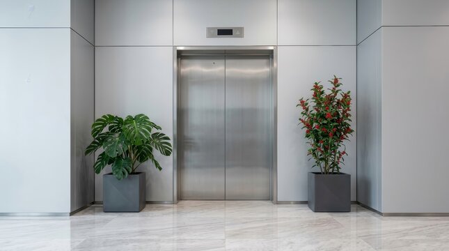 Two potted plants stand in front of an empty elevator in a modern building lobby.