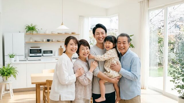 リビングで笑顔を見せる三世代家族の記念写真風ショット