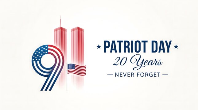 Patriot day memorial graphic featuring the number nine eleven with american flag stripes and twin tower silhouettes to commemorate twenty years later