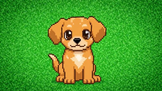 Pixel Art Cute Brown Puppy Sitting. 4K Video