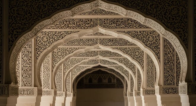 A stunning perspective of nested vaulted arches inside an ancient historic palace complex.