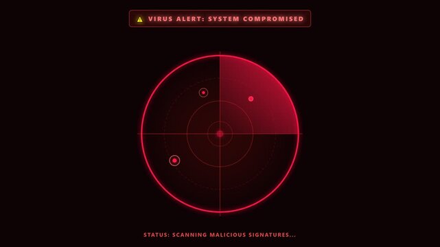 Virus alert system compromised radar animation video. Red cyber attack warning and malware scan display for tech UI motion graphic design