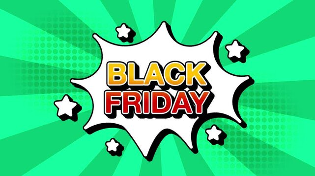 Black friday text word lettering popup comic cartoon reveal with bomb and smoke explosion manga anime book page dots with radial speed lines doodle teal background with seamless loop animation retro
