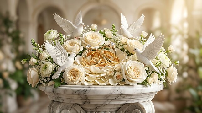 Golden wedding rings resting on white roses with white doves