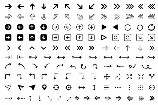 Set of black arrow icons and navigation symbols on white background isolated on white background