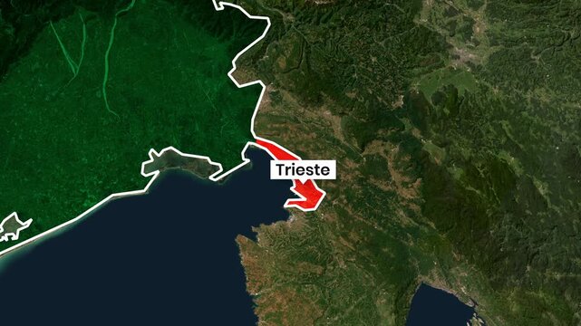 Trieste labeled on satellite map showing Adriatic coast and surrounding terrain animation