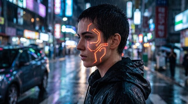 Fluorescent body paint circuit patterns on a person in a rainy city