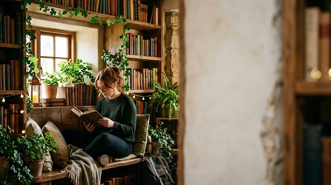 Young woman reading a book in a cozy home library with plants