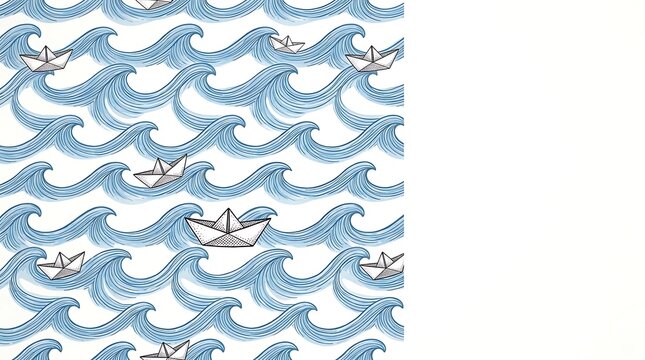 Seamless nautical pattern with blue waves and paper boats