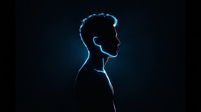 Fluorescent body paint man silhouette with glowing blue light lines