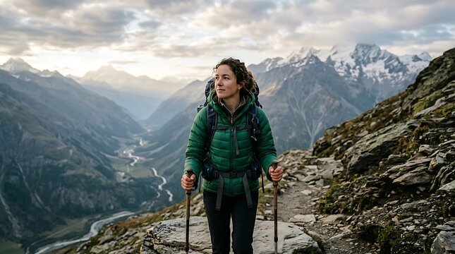 Hiker trekking on a mountain trail overlooking a scenic alpine valley