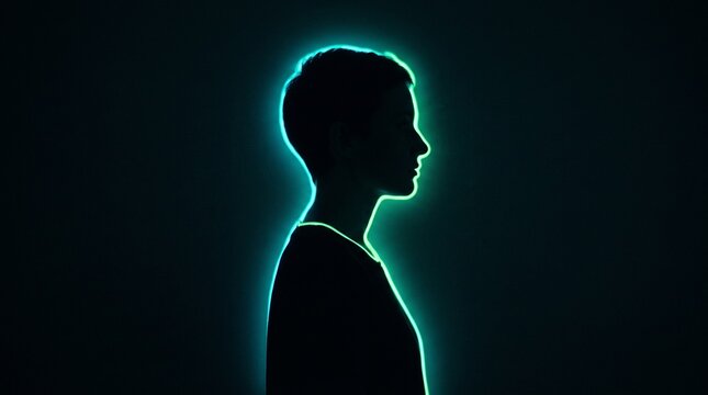 Fluorescent body paint neon outline on a dark human silhouette profile