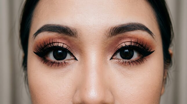 Close up of woman with glamorous eye makeup and black contact lenses