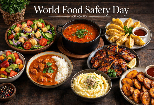 Delicious variety of international dishes arranged beautifully for world food safety day celebration feast