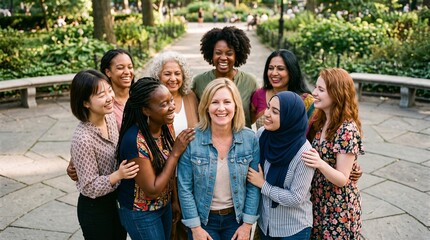 Fototapeta premium Diverse group of women of various ages and ethnicities smiling and laughing together in a park setting