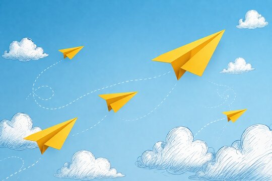 Yellow paper airplanes flying in the blue sky with fluffy white clouds isolated on white background