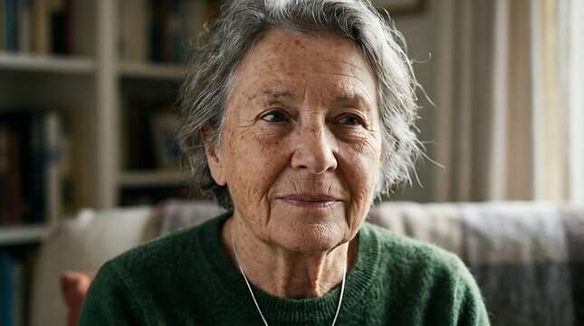 Thoughtful senior woman with gray hair sitting at home