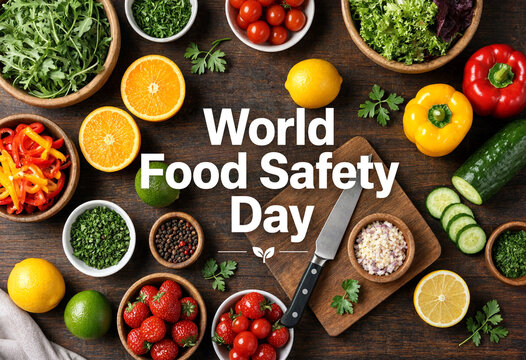 Fresh colorful fruits and vegetables arranged for world food safety day celebration concept