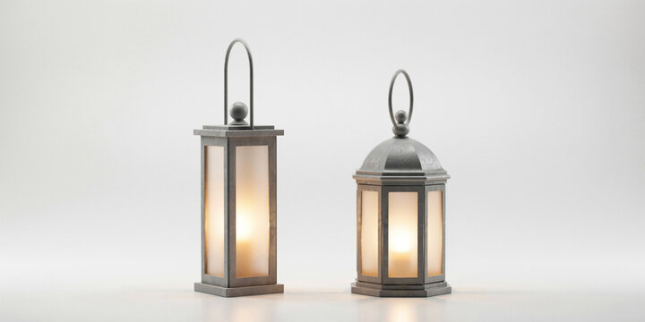 Two decorative metal lanterns with frosted glass and soft warm internal glow