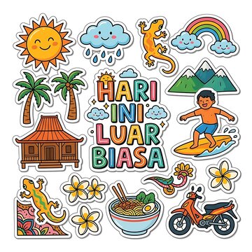 Colorful indonesian vacation and culture sticker set collection