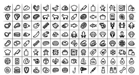 Obraz premium Modern Meat Seafood Food Outline Icon Collection with Editable Stroke Chicken Fish and Beef Symbols