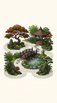 Tranquil japanese zen garden with koi pond and wooden bridge