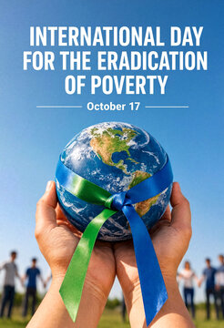 Hands holding globe with ribbon celebrating international day for eradication of poverty worldwide event